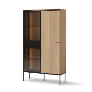 Witryna VISSO dąb linearny i czerń, LED, metalowe nogi, szkło hartowane 718106 Witryna VISSO dąb linearny i czerń, LED, metalowe nogi, szkło hartowane 718106