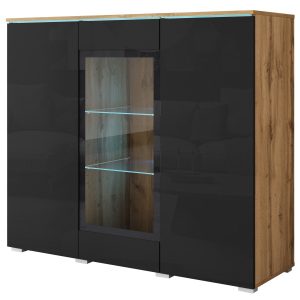 Witryna z przeszkleniem VEVE 120 cm, dąb wotan/czarny połysk z LED 1038877
