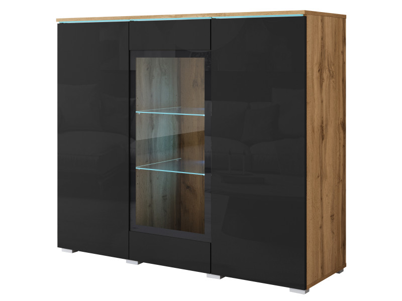 Witryna z przeszkleniem VEVE 120 cm, dąb wotan/czarny połysk z LED 1038877