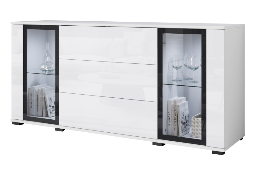 Witryna z szufladami FARO 150 cm biały/biały połysk z oświetleniem LED 757237