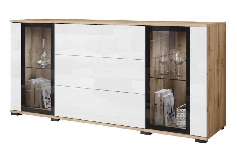 Witryna z szufladami FARO 150 cm dąb wotan/biały połysk 757240