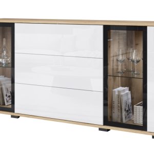 Witryna z szufladami FARO 150 cm dąb wotan/biały połysk z oświetleniem LED 757258 Witryna z szufladami FARO 150 cm dąb wotan/biały połysk z oświetleniem LED 757258