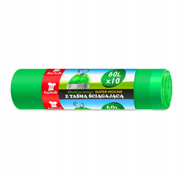 Worki na śmieci z taśmą wiązane mocne zielone 60L 10 sztuk Kuchcik 2852 813514