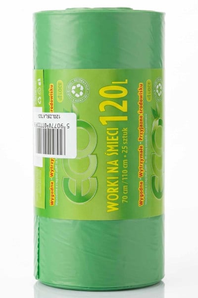 Worki na śmieci Zielone LDPE bardzo mocne 120 litrów 25 szt./rolka 1066078
